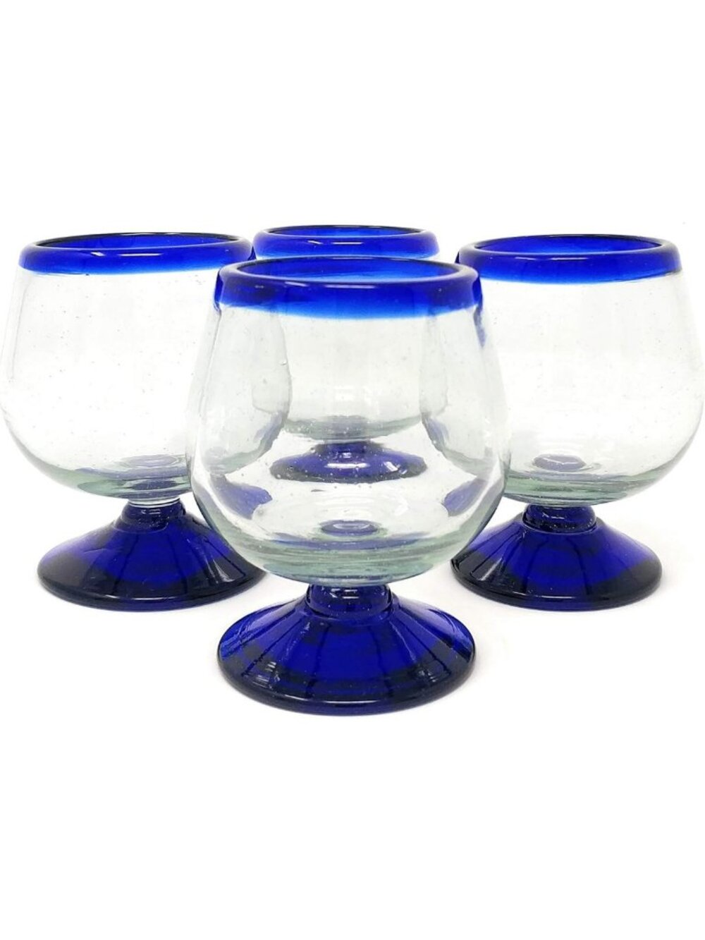 Hand Blown Cognac Snifter Glasses Set of 4 - Cobalt Blue Rim, Unique Mexican